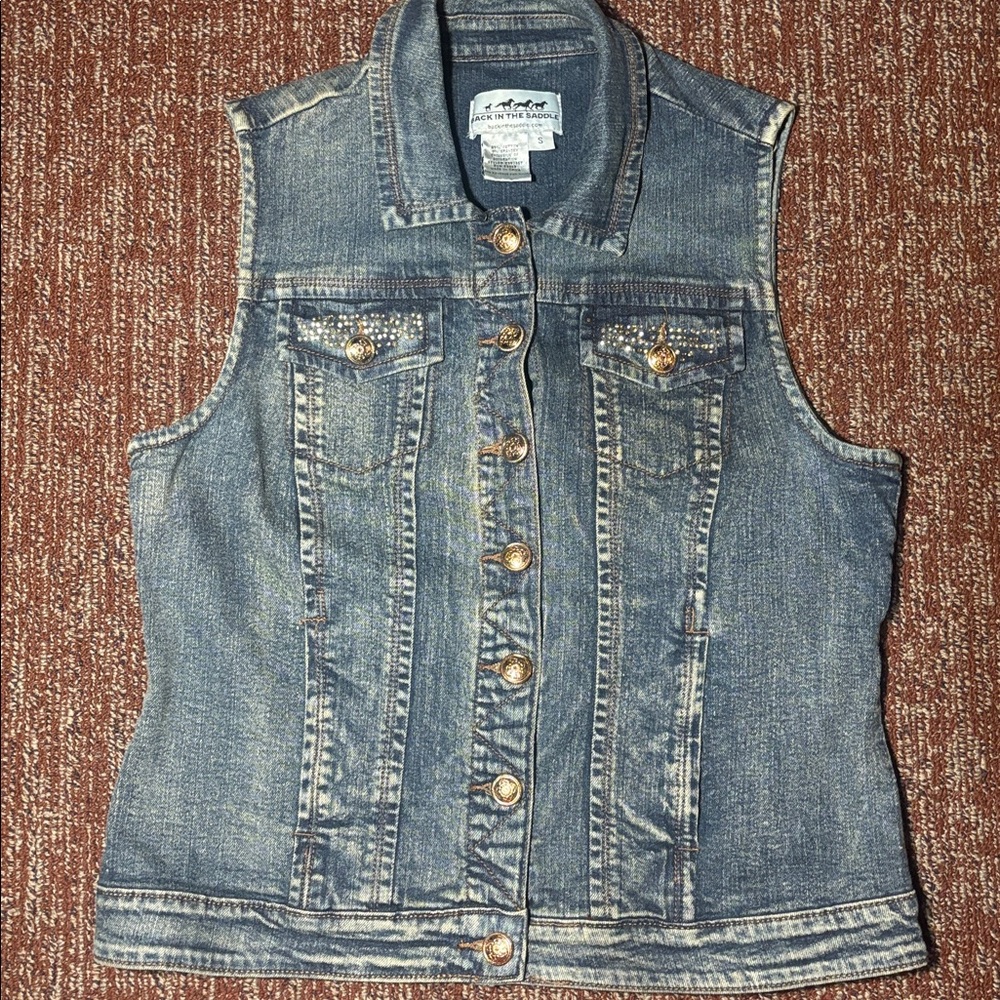 Vintage Back In The Saddle Denim Embellished Rhinestone Gem Jean Button Up Vest